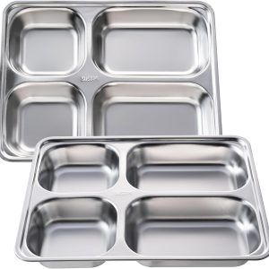 Stainless Steel Divided Plates – 2 Pack, Rectangular Tray with Two Compartments for Dinner, Thali, Portion Control – Heavy Gauge, Perfect for Adults
