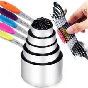 TILUCK measuring cups and magnetic measuring spoons set, stainless steel measuring cups, 6 double-sided stainless steel measuring spoons & 1 leveler (5+7)