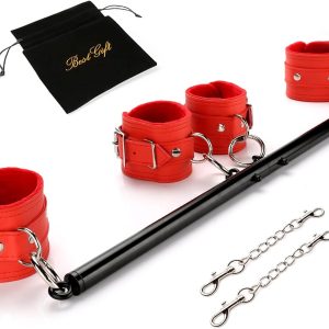 TMEOIIPY Black Restore Pilates Spreader Bar with 2 Adjustable Red Strap, Exercise Guide, 4 Rings, Home Yoga Training Fitness Gear, Home Gyms Tools