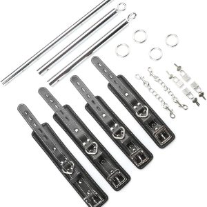 TMEOIIPY Pilates Exercise bar, Silver Pilates Spreader Bar Kit with 4 Black Adjustable Straps Sports Aid Training Fitness Gear – Exercise Guide Included, Stretching Exercise Tools