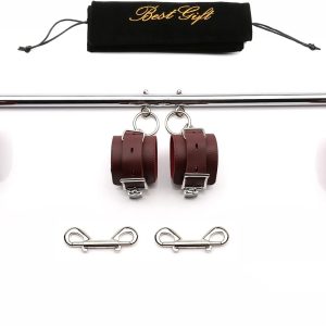 TMEOIIPY Pilates Fitness bar, Silver Expandable Sports Spreader Bar Set with 4 Pcs Red Adjustable Straps Kit Pilates Aid Training Yoga Fitness Gear, Stretching Exercise Tools