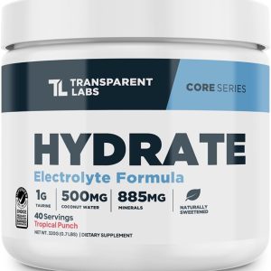 Transparent Labs Hydrate Naturally Sweetened Electrolytes Powder – Hydration Powder Electrolytes with Coconut Water, Calcium, Taurine, & Potassium – 40 Servings, Tropical Punch