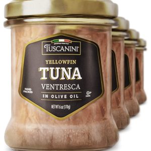 Tuscanini Real Italian Yellowfin Ventresca Tuna in Pure Olive Oil 6oz (4 Pack), The Filet Mignon of Fish, Gluten Free, Soy Free, Mineral Enriched, Soft & Buttery Mouth Feel, Product of Italy