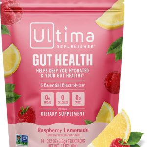 Ultima Replenisher Gut Health Supplement and Electrolytes Powder – Raspberry Lemonade, 14 Stickpacks – Hydration Packets with Added Gut Health Benefits