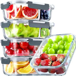 VERONES 5 Pack Glass Meal Prep Containers 2 Compartment Set, 36OZ Airtight Glass Lunch Containers, Glass Food Storage Containers with Lids, for Microwave, Oven, Freezer & Dishwasher Friendly,Grey