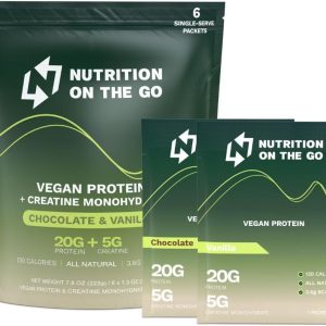 Vegan Protein Powder with Creatine – 20g Protein, 5g Creatine – Chocolate & Vanilla Single-Serve Packets for Travel, On-The-Go, Dairy-Free, Gluten-Free, All-Natural – (6-Pack)