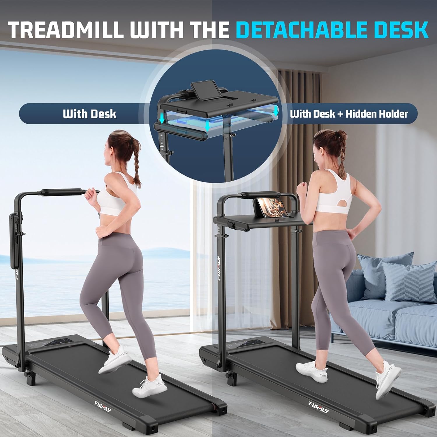 Walking Pad Treadmill with Desk Workstation, Incline Foldable Treadmill with Handrail, 300lbs Capacity, 3 Control Methods, Folding Treadmills for Home Office - Image 2