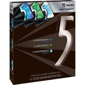 Wrigley’s (15 Pack) 5 GUM Peppermint, Spearmint, Wintermint Sugar Free Chewing Gum Variety Pack, 15 Stick