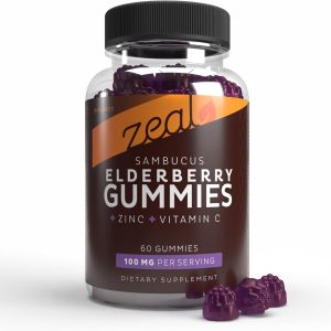 Zeal Sambucus Elderberry Gummies + Zinc + Vitamin C – Daily Supplement for Children & Adults – Easy to Chew Vitamin Gummies – 100 mg Max Serving of Elderberry – 60 Count