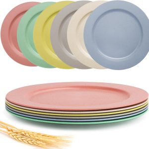shopwithgreen 10 Inch Wheat Straw Dinner Plates, 6 Pack Unbreakable Sturdy Plastic Reusable Plates, Microwave and Dishwasher Safe Plates Set, Non-Toxic, BPA Free