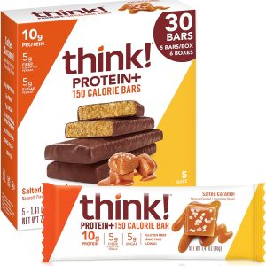 think! Protein Bars with Chicory Root for Fiber, Digestive Support, Gluten Free with Whey Protein Isolate, Salted Caramel, Snack Bars without Artificial Sweeteners, 1.4 Oz (30 Count)