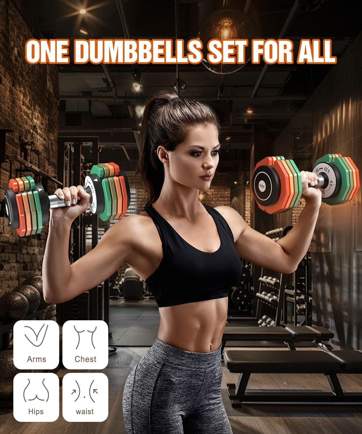 Adjustable Dumbbells Set/Single, 12.5LB/22.5LB/55LB 5 in 1 Free Adjustable Dumbbell Set with Anti-Slip Handle & Rainbow-colored Weight Plates for Home Gym, Weight Set for Women Men - Image 6