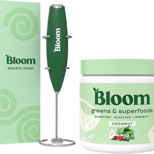 Bloom Nutrition Superfood Greens Powder, Digestive Enzymes with Probiotics and Prebiotics, Gut Health, Bloating Relief, Coconut + Milk Frother High Powered Hand Mixer