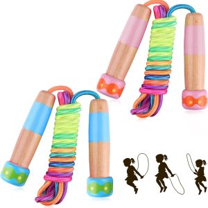 2 Pcs Jump Rope for Kids Adjustable, Lorvain Rainbow Skipping Rope, Kids Jump Ropes with Wooden Handle for Girls Boys, Weighted Jumping Ropes for Fitness Workout Exercise Outdoor Fun Activity