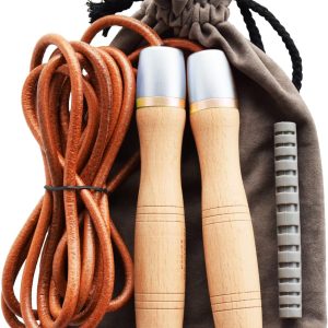 Ahomie Leather Jump Rope, Adjustable Skipping Jumping Ropes, with Rotary Bearing and Pure Wood Handles, for Gym & Home Fitness Workouts
