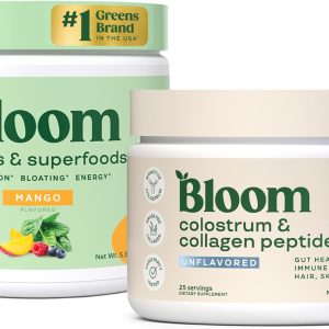 Bloom Nutrition Superfood Greens Powder, Digestive Enzymes with Probiotics and Prebiotics, Gut Health, Bloating Relief, Mango + Bovine Colostrum Powder | Pure 40% IgG Premium Colostrum