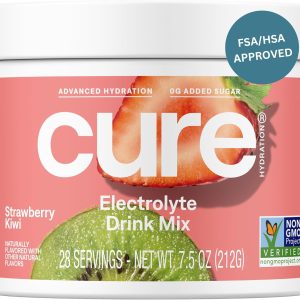 Cure Hydration | Plant-Based Electrolyte Drink Mix | No Added Sugar | FSA & HSA | Dehydration Relief Powder Made with Coconut Water | Non-GMO | Vegan | 28 Servings Jar – Strawberry Kiwi