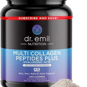 DR. EMIL NUTRITION Multi Collagen Peptides Powder – 20g of Unflavored Hydrolyzed Collagen Protein Powder with Hyaluronic Acid for Hair, Skin, Nails and Joints – 30 Servings