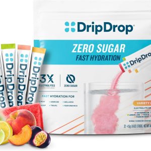 DripDrop Hydration – Zero Sugar Classic Variety Pack – Electrolyte Drink Mix Powder Packets – Lemon Lime, Watermelon, Peach, Passion Fruit | Non-GMO, Gluten Free, Vegan | 32 Sticks