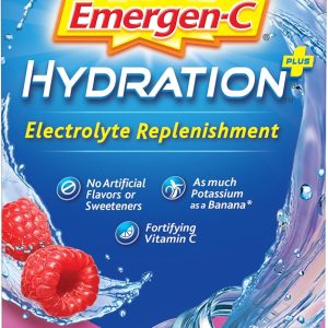Emergen-C Hydration+ Sports Drink Mix With Vitamin C (18 Count, Raspberry Flavor), Electrolyte Replenishment, 0.33 Ounce Powder Packets