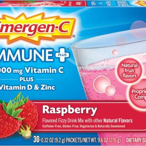 Emergen-C Immune+ 1000mg Vitamin C Powder, with Vitamin D, Zinc, Antioxidants and Electrolytes for Immunity, Immune Support Dietary Supplement, Raspberry Flavor – 30 Count/1 Month Supply
