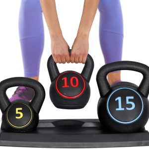 F2C 3-Piece Kettlebell Set with Storage Rack 5lb, 10lb, 15lb Weights HDPE Coated Concrete Kettlebells Core Training for Home Gym Exercise Fitness