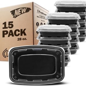 Freshware Meal Prep Containers 15 Count (Pack of 1) Compartment Food Storage Containers with Lids, Bento Box, BPA Free, Stackable, Microwave/Dishwasher/Freezer Safe (28 oz) (Color May Vary)