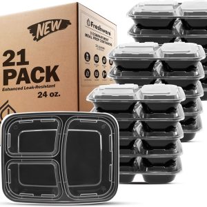 Freshware Meal Prep Containers [21 Pack] 3 Compartment with Lids, Food Storage Containers, Bento Box, BPA Free, Stackable, Microwave/Dishwasher/Freezer Safe (24 oz)