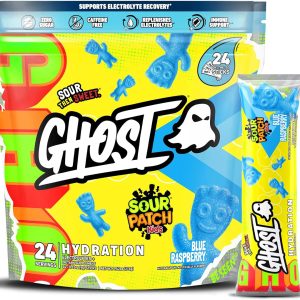 GHOST Hydration Packets, Sour Patch Kids Blue Raspberry, 24 Sticks, Electrolyte Powder – Drink Mix Supplement with Magnesium, Potassium, Calcium, Vitamin C – Vegan, Free of Soy, Sugar & Gluten