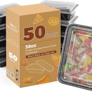 Golden State Art, 50 Pack 38 Oz Meal Prep Container, 1-Compartment Lunch Bento Box with Lid, BPA Free, Freezer, Microwave, Dishwasher Safe