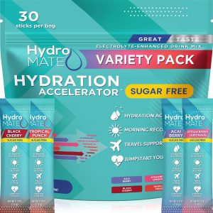 HydroMATE Electrolytes Powder No Sugar Variety Pack – 30 Instant Hydration Packets with Vitamin C to Boost Energy – Sugar Free Electrolytes to Support Hydration on Keto Diet & Party Favors