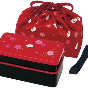 Japanese Traditional Rabbit Blossom Bento Box Set – Square 2 Tier Bento Box, Rice Ball Press, Bento Bag (Red)