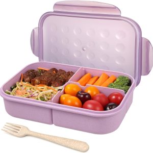 Jeopace Bento Box for Adults Lunch Containers for Kids 3 Compartment Lunch Box Food Containers Leak Proof Microwave Safe(Flatware Included,Purple)