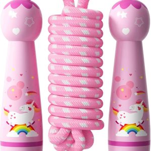 Jump Rope for Kids-Adjustable Cotton Braided Skipping Rope with Wooden Handle for Toddler Fitness Workout Exercise Outdoor Activity