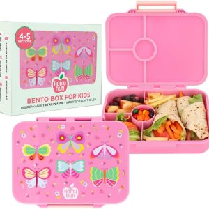 KOMUNURI® Leakproof Tritan Bento Box for Kids Lunch Box Containers with 4 to 5 Compartments – BPA Free Pink Bento Lunch Box for Kids, Toddler Lunch Box Bento for Daycare (Butterflies & Flowers)