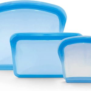 KVK Platinum Silicone Food Storage Bags – Flat Reusable Pocket Snack Sandwich Bag – Meal Prep Container Freezer Oven Dishwasher Safe – Double Lock Seal Leakproof – Blue