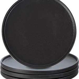 Lareina Dinner Plates, Scratch-resistant, 10.25 Inch Flat Ceramic Plate Set of 4, Porcelain Plates with Lipped Edge for Salad Steak in Kitchen Restaurant, Natural Primitive Texture (Cast Iron Black)