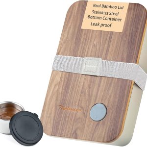 Leak Resistant Stainless Steel Bento Box For Adults|Stainless Steel Lunch Box for Adults |44Oz| BentoBox/Lunchbox| Lunch Container | Microwave Safe (Bottom container) |Bamboo Lid- Vanilla