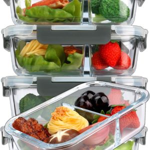 M MCIRCO [5-Pack,36 Oz] Glass Meal Prep Containers 2 Compartments Portion Control with Upgraded Snap Locking Lids Glass Food Storage Containers, Microwave, Oven, Freezer and Dishwasher (4.5 Cups)
