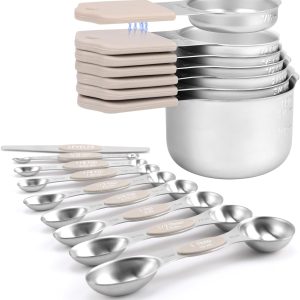 Magnetic Measuring Cups and Spoons Set-Heavy Duty 304 Stainless Steel，Double Measurement Markings，Set of 16 with Leveler for Measure Dry and Liquid Ingredients (khaki)