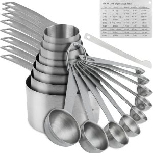 Measuring Cups and Spoons Set, 18/8 Stainless Steel 8 Measuring Cups and 9 Measuring Spoons with Leveler and Measurement Enquivalents, Kitchen and Baking Measure Cups Spoons Set of 19