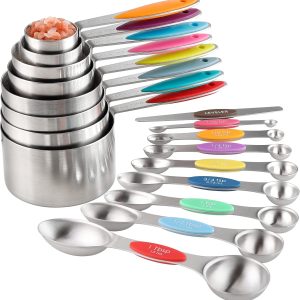 Measuring Cups and Spoons Set Stainless Steel Including 8 Stackable Measuring Cup 8 Double Sided Magnetic Measuring Spoons with 1 Leveler for Dry and Liquid Ingredients