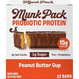 Munk Pack Probiotic Protein Bars, Peanut Butter Cup – Keto Snacks with Low Sugar, Prebiotics, 15g Protein, 5g Net Carbs – Gluten Free & Diabetic Friendly – 12 Count
