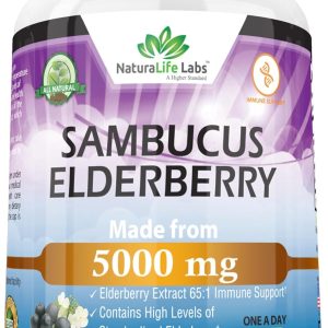 NaturaLife Labs Sambucus Elderberry 5,000 mg Super Concentrated 65:1 with Vitamin C & Zinc – 90 Day Supply – Sambucus Extract Immune Support, Immune Defense| Non-GMO | 90 Veggie Capsules