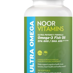 Noor Vitamins Halal Fish Oil, Halal Vitamins, Fish Oil Halal, Ultra Omega 3 Wild Peruvian Fish Oil (800 mg EPA & 400 mg DHA) Heart, Brain & Joint Support, Non-GMO & Gluten Free (120 Count)