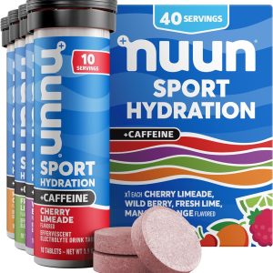 Nuun Sport + Caffeine Electrolyte Tablets – Dissolvable in Water, Mixed Flavor Box, 5 Essential Electrolytes for Hydration, 1g Sugar Drink Mix, Vegan, Non-GMO, 4 Pack (40 Servings)