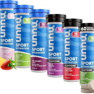 Nuun Sport + Caffeine Electrolyte Tablets – Dissolvable in Water, Variety Pack | 5 Essential Electrolytes for Hydration | 1g Sugar Drink Mix | Vegan, Non-GMO | 6 Pack (60 Total Servings)
