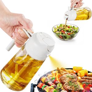 Oil Dispensing and Oil Sprayers 2-in-1 Oil Bottle for Kitchen Use, 470ml/16oz Olive Oil Bottle, Suitable for Cooking, Salads, and Grilling (White, 1 Pcs)