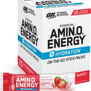 Optimum Nutrition Amino Energy Plus Hydration Packets, On-The-Go Energy Powder Stick Packs, Strawberry Burst, 25 Count