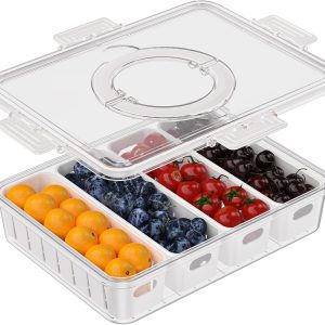 Portable Food Storage Container with Lid & Handle,4-Compartment Leak-Proof Tray with Removable Colanders,Fresh-Keeping Organizer for Fruits,Snacks,Meal Prep,Ideal for Refrigerator,Outdoor Use